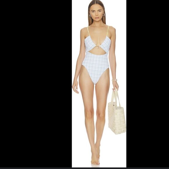 L*Space Rizzo seersucker blue and green and white swim suit xsmall - Picture 2 of 10